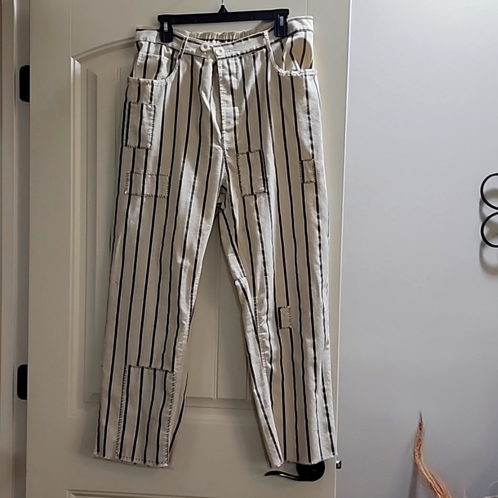 Striped Black and White Women's Straight Leg Pants